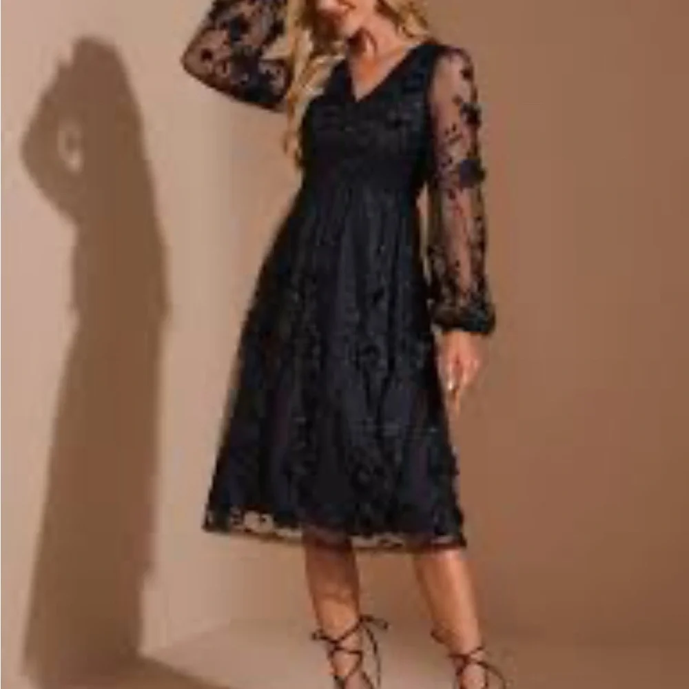 JJs House Medium V-Neck Long Sleeve A-line Jacquard Tulle Midi Dress  FREE SHIP - Picture 6 of 8